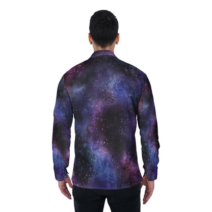 Galaxy Long Sleeve Men Button Up Shirt, Space Stars Print Dress Buttoned Collar Plus Size Shirt with Chest Pocket