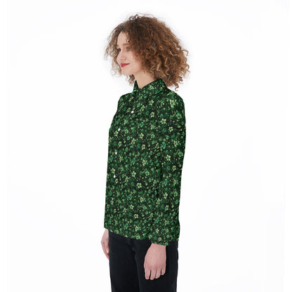 Emerald Green Floral Long Sleeve Shirt Women, Button Up Ladies Blouse Print Buttoned Down Collared Casual Dress Top Starcove Fashion