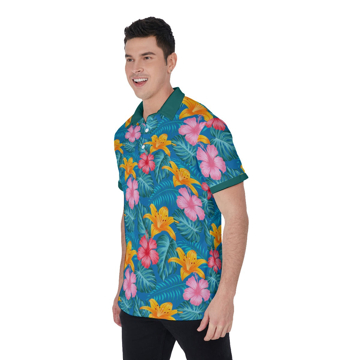 Tropical Floral Men Polo Shirt, Flowers Casual Fun Golf Summer Buttoned Down Up Collared Short Sleeve Sports Tee Top Starcove Fashion