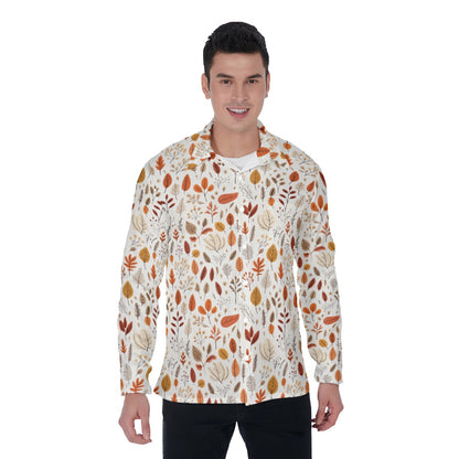 Fall Leaves Long Sleeve Men Button Up Shirt, Brown Cream Autumn Print Buttoned Down Collar Casual Dress Shirt Chest Pocket Plus Size Starcove Fashion