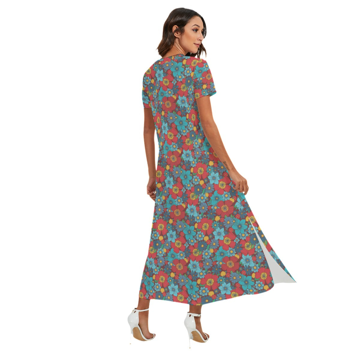 Retro Floral Women V-neck Maxi Dress With Side Slit Ankle Length, Vintage Blue Red Flowers Boho Short Sleeve Casual Summer Cute Designer Starcove Fashion