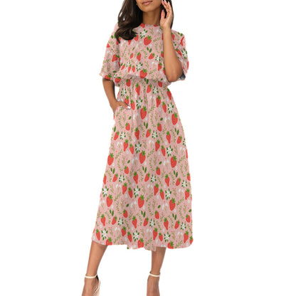 Strawberry Women Maxi Dress, Pink Floral Elastic Waist Long Ankle Length Boho Short Sleeve Casual Summer Fruit Cute Designer Starcove Fashion