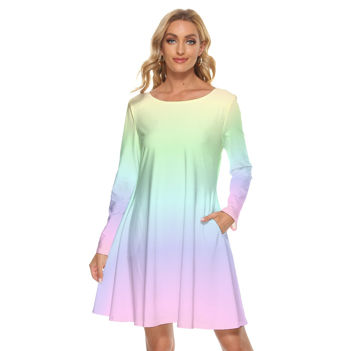 Pastel Rainbow Women's Crew Neck Dress Long Sleeve, Summer Cocktail Mini Cute Handmade Designer Dres M / White