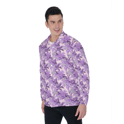 Palm Tree Lavender Long Sleeve Men Button Up Shirt, Purple Guys Male Print Buttoned Down Collared Graphic Casual Dress Pocket Shirt
