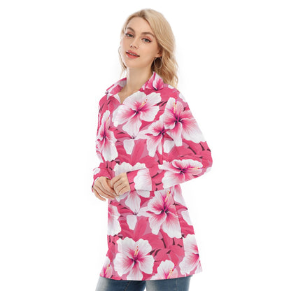 Pink Hibiscus Long Sleeve Shirt Women, White Floral Flowers Button Up Ladies Blouse Print Buttoned Down Collared Casual Dress Going Out Top