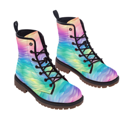 Rainbow Women Leather Boots, Ombre Tie Dye Gradient Vegan Lace Up Shoes Hiking Festival Ankle Combat Work Winter Custom Ladies