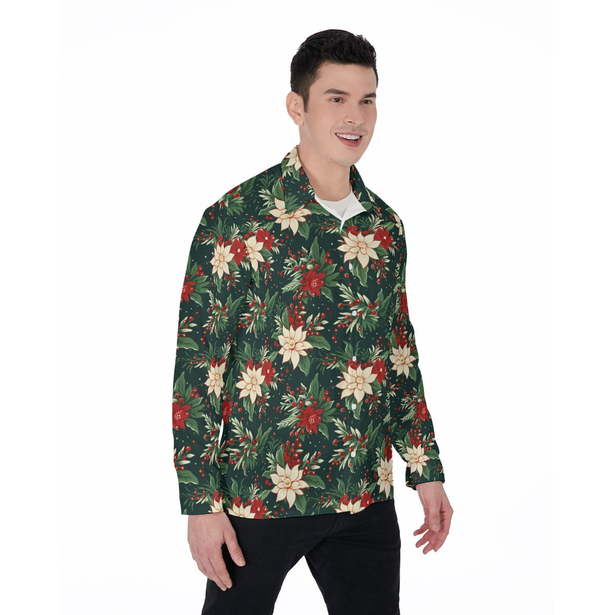 Long Sleeve Men Button Up Shirt, Guys Male Print Buttoned Down Collared Graphic Casual Dress Shirt S / White