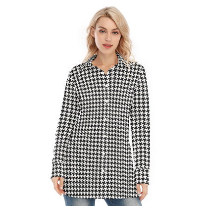 Houndstooth Long Sleeve Shirt Women, Black White Button Up Ladies Blouse Print Buttoned Down Collared Casual Dress Going Out Top