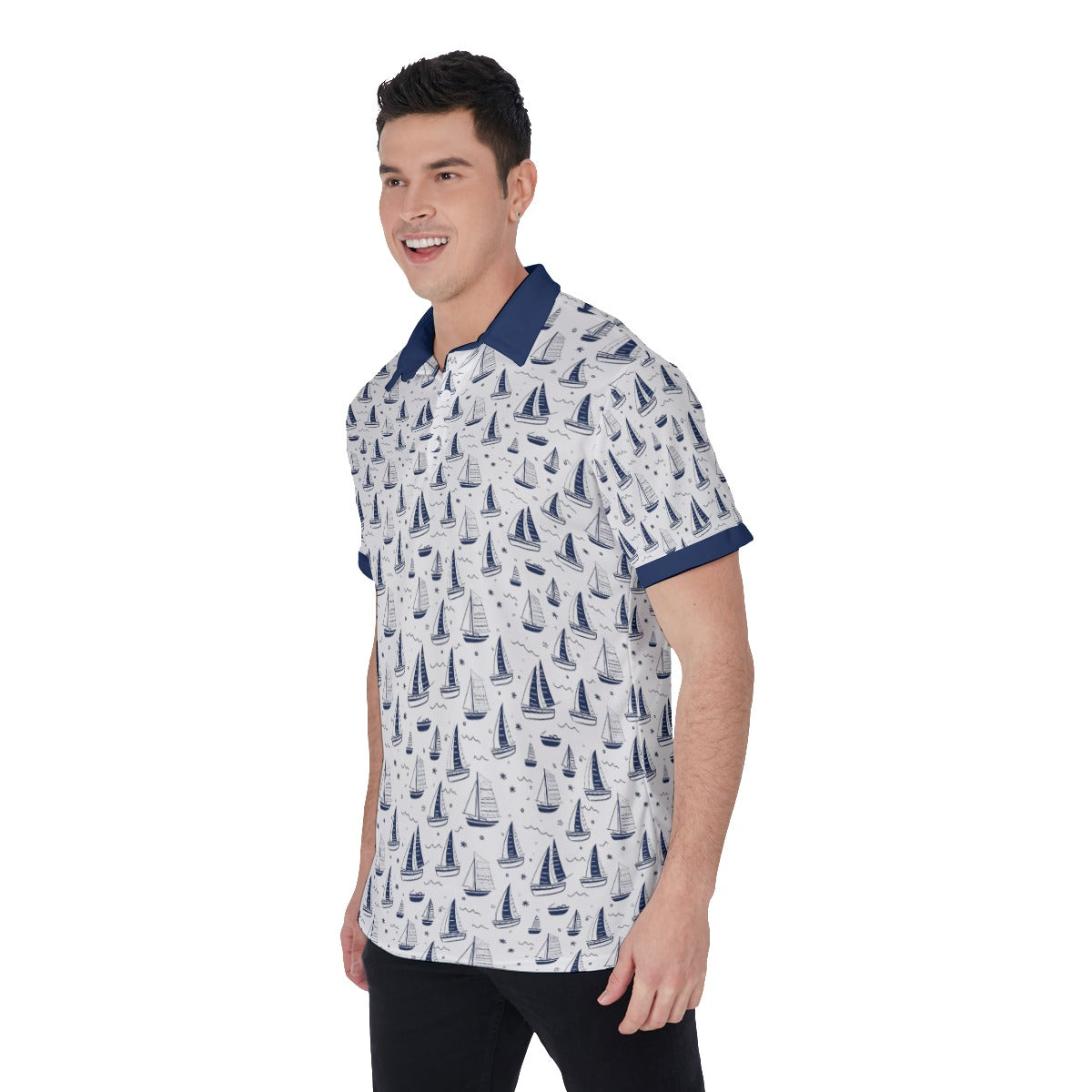 Sailing Boats Men Polo Shirt, Navy Blue White Golf Casual Summer Buttoned Down Up Collared Short Sleeve Sports Tee Top