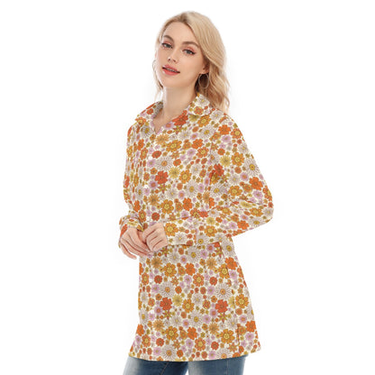 Vintage Floral Long Sleeve Shirt Women, Groovy Flowers 70s Button Up Ladies Blouse Print Buttoned Down Collared Casual Dress Going Out Top Starcove Fashion