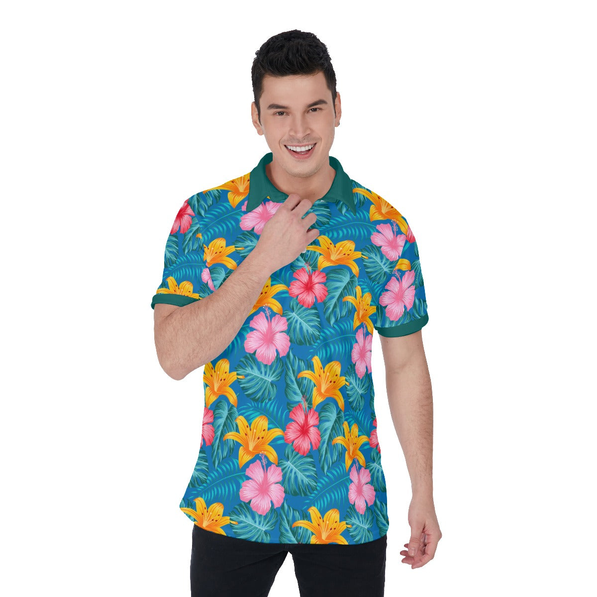 Tropical Floral Men Polo Shirt, Flowers Casual Fun Golf Summer Buttoned Down Up Collared Short Sleeve Sports Tee Top Starcove Fashion