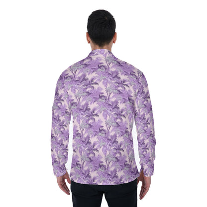 Palm Tree Lavender Long Sleeve Men Button Up Shirt, Purple Guys Male Print Buttoned Down Collared Graphic Casual Dress Pocket Shirt