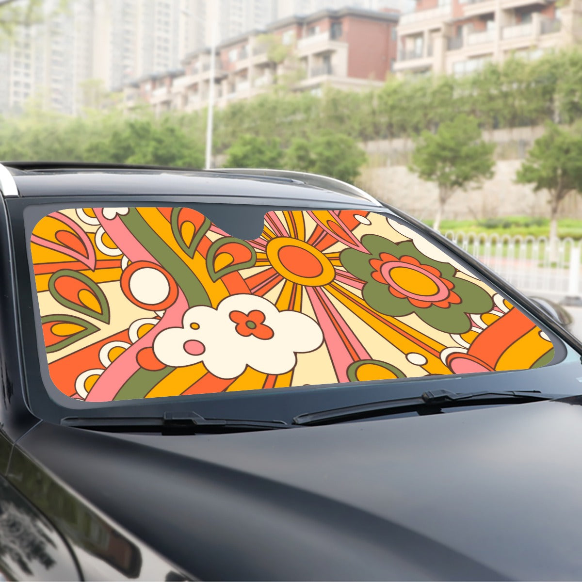 Groovy Sun Rays Car Sun Shade, Funky 60s 70s Front Windshield Car Accessories Auto Shade Protector Window Visor Screen Cover Women Decor Starcove Fashion
