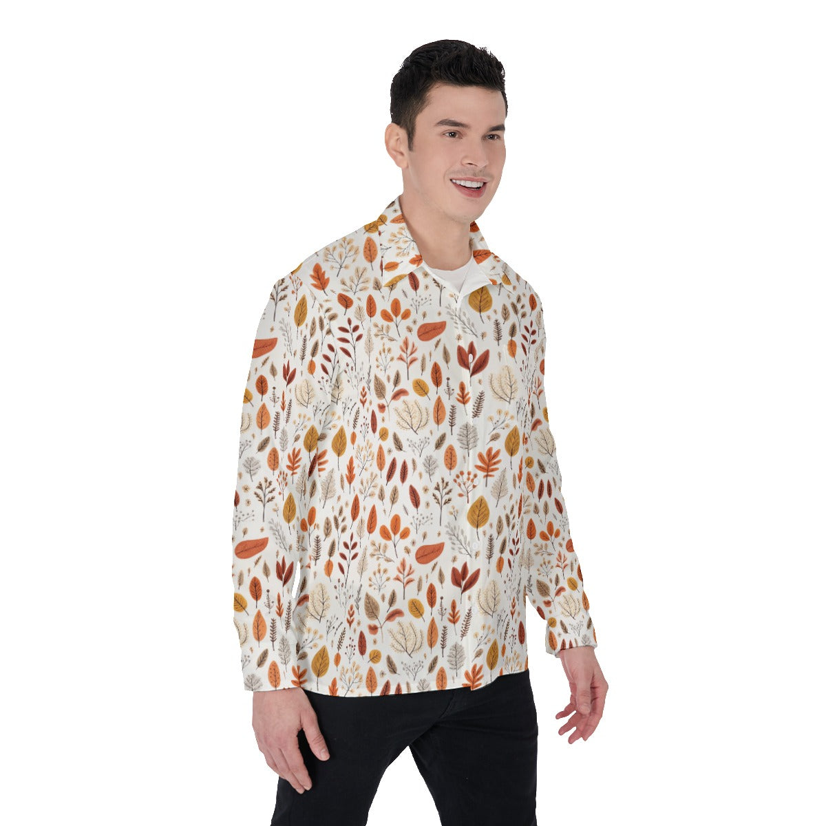 Fall Leaves Long Sleeve Men Button Up Shirt, Brown Cream Autumn Print Buttoned Down Collar Casual Dress Shirt Chest Pocket Plus Size Starcove Fashion
