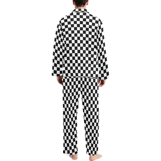 Checkered Men Pajama Set, Black White Check Guys Male 2 Piece Pants Print Long sleeve Top PJ Holiday Cozy Sleep Sleepwear