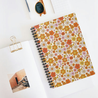 Floral Spiral Notebook, Groovy Flowers 70s Retro Cute Design Journal Traveler Notepad Ruled Line Book Paper Pad Small Aesthetic