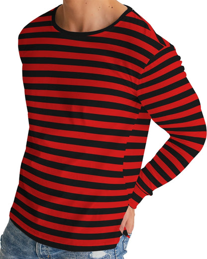 Red and Black Striped Men Long Sleeve Tshirt, Stripe Unisex Guys Women Designer Graphic Aesthetic Crew Neck Tee Shirt