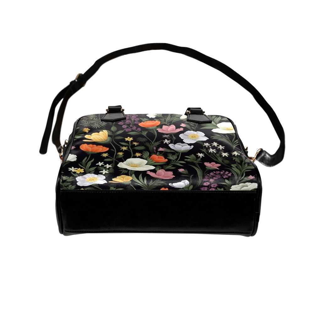 Floral Purse, Wild Flowers Botanical Retro Pattern Cute Small Shoulder Zip Bag Vegan Leather Women Designer Handbag Crossbody Ladies