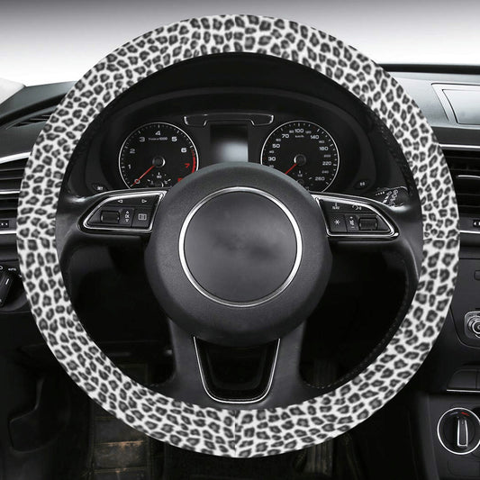 Snow Leopard Steering Wheel Cover with Anti-Slip Insert, Black white Animal Print Car Auto Wrap Protector Accessories Starcove Fashion