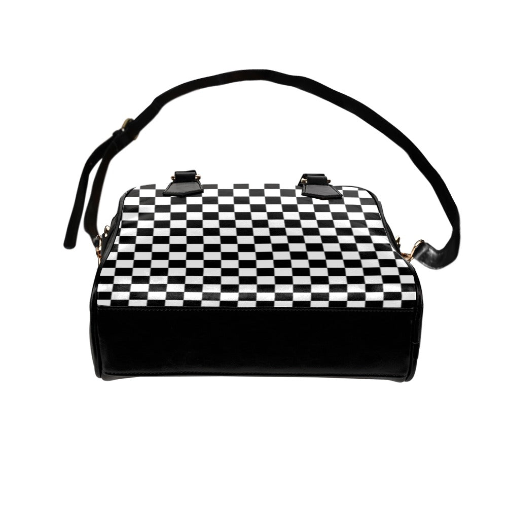 Checkered Purse Handbag with Shoulder Strap, Cute Black White Check Racing Plaid Vegan Faux PU Leather Women Designer Handbag Starcove Fashion