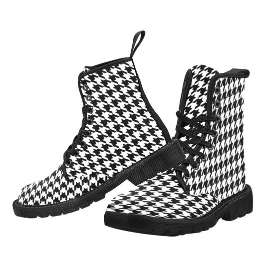 Houndstooth Women's Boots, Black White Print Vegan Canvas Lace Up Shoes Army Ankle Combat Winter Casual Custom Gift Starcove Fashion