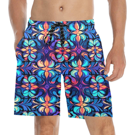 Psychedelic Men Swim Trunks, Blue Floral Trippy Mid Length Male Shorts Beach Surf Swimwear Back Pockets Mesh Lining Drawstring Bathing Suit