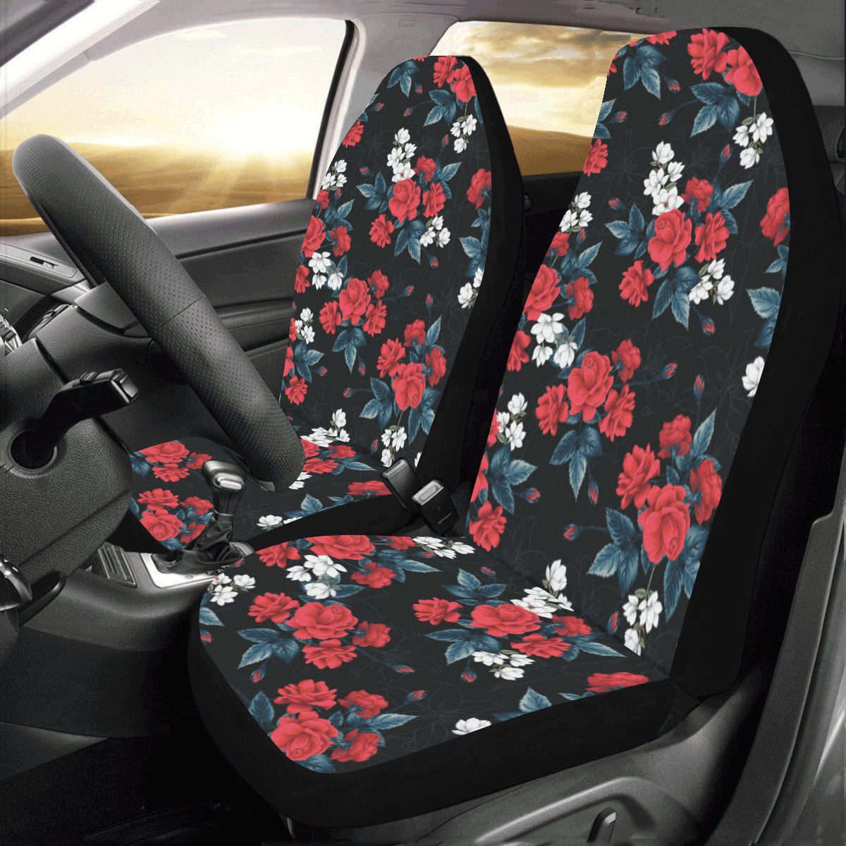 Red Roses Car Seat Cover 2 pc, Floral Pretty Magnolia Front Seat Covers, Car SUV Vans Seat Protector Accessory Starcove Fashion