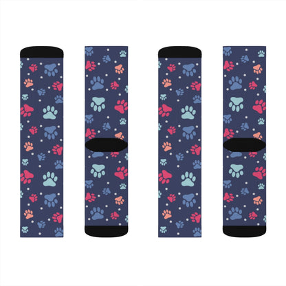 Dog Paws Pattern Socks, Blue 3D Sublimation Socks Women Mom Men Funny Fun Novelty Cool Funky Crazy Casual Cute Unique Gift Starcove Fashion