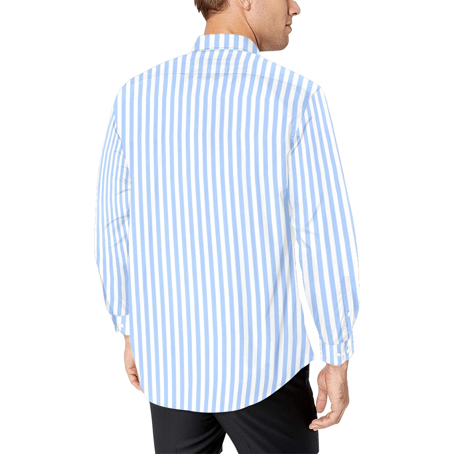 Light Blue Striped Long Sleeve Men Button Up Shirt, White Print Buttoned Collared Dress Shirt with Chest Pocket Starcove Fashion