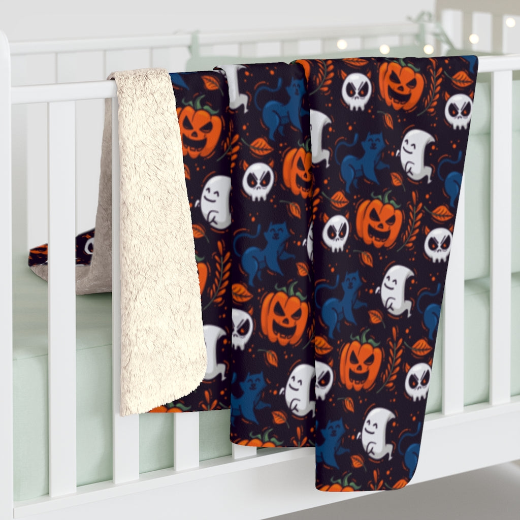 Halloween Sherpa Fleece Blanket, Black Orange Pumpkins Ghosts Spooky Throw Adult Kids Blanket Fall Decor Gift Starcove Fashion