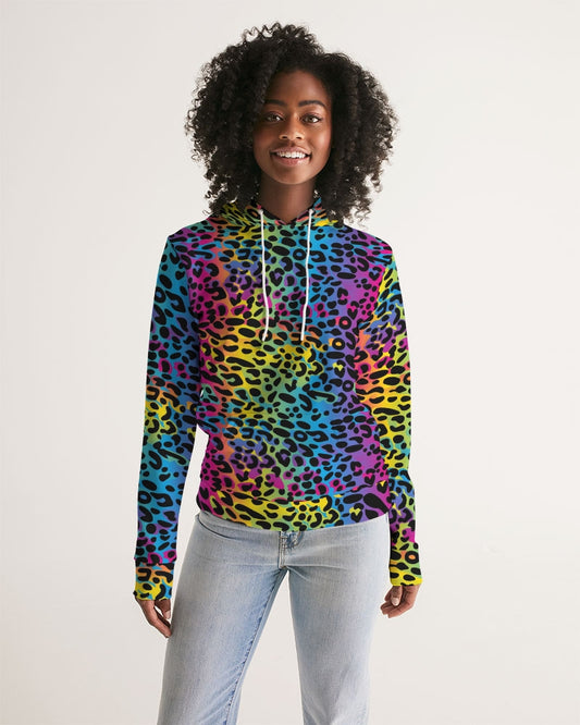 Rainbow Leopard Women Pullover Hoodie, Animal Print Aesthetic Graphic Hooded Long Sleeve Sweatshirt with Pockets