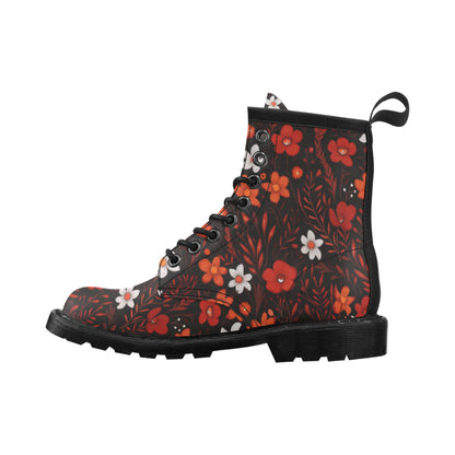 Red Floral Women's Boots, Flowers Vegan Leather Lace Up Shoes Print Ankle Punk Combat Gothic Winter Ladies