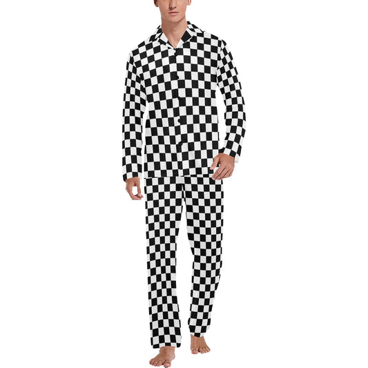 Checkered Men Pajama Set, Black White Check Guys Male 2 Piece Pants Print Long sleeve Top PJ Holiday Cozy Sleep Sleepwear