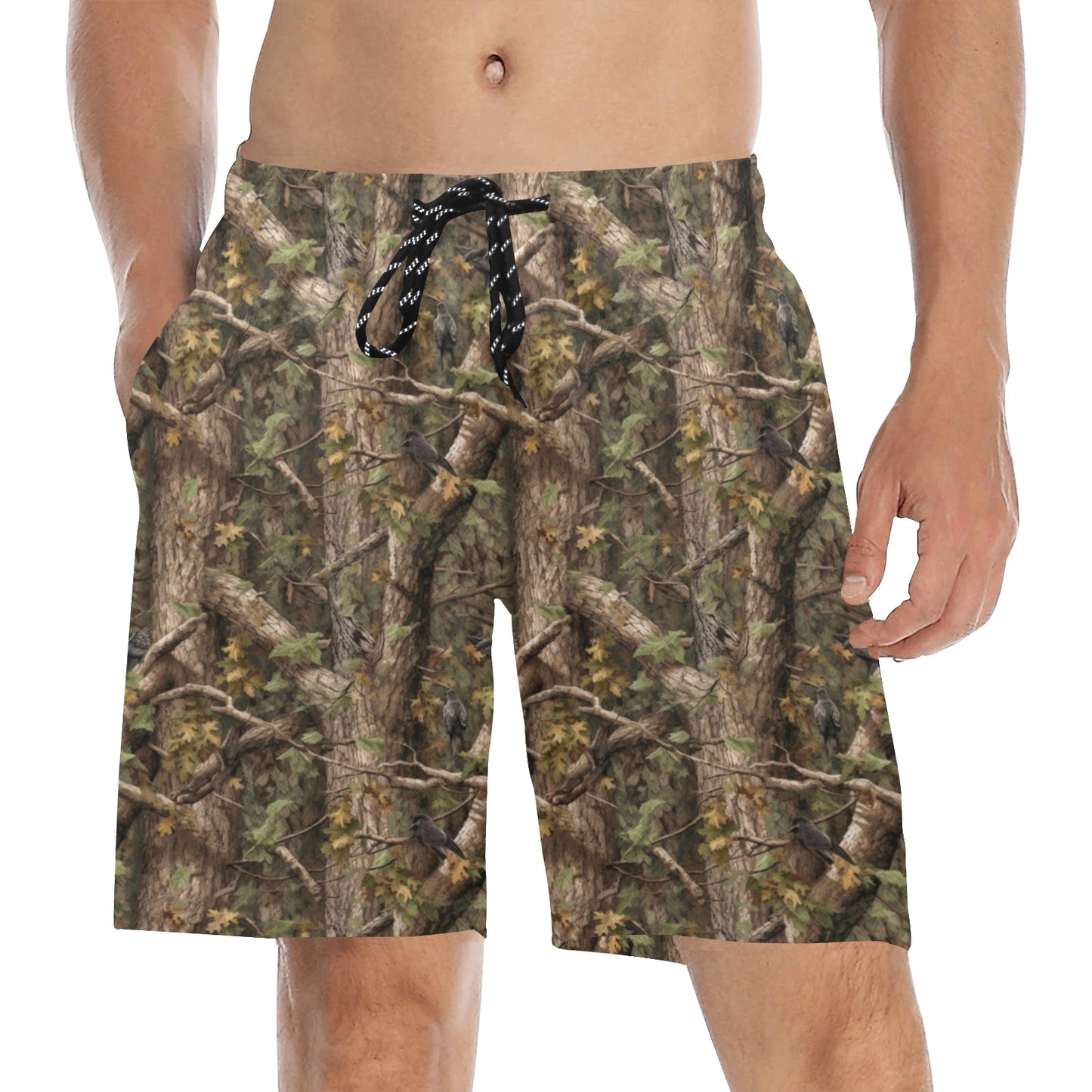 Tree Bark Camo Men Swim Trunks, Real Hunting Mid Length Shorts Green Camouflage Beach Pockets Mesh Lining Drawstring Bathing Suit Plus Size