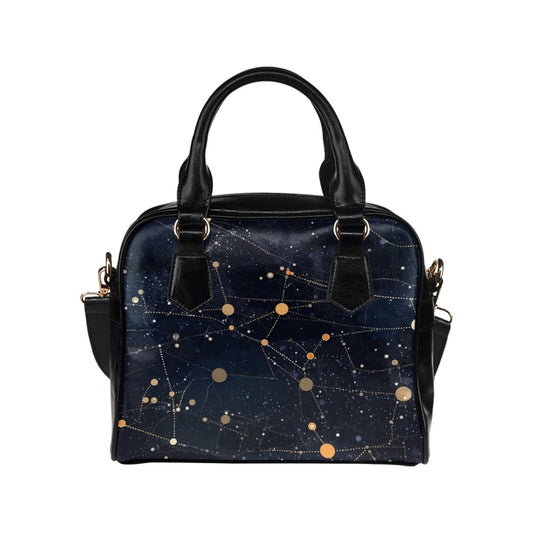 Constellation Purse, Space Galaxy Stars Black Gold Pattern Small Crossbody Shoulder Zip Bag Vegan Leather Women Designer Handbag Ladies