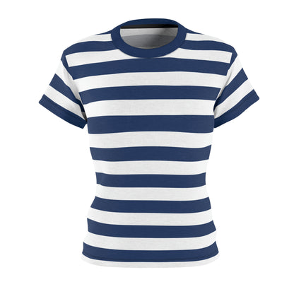 Blue and White Striped Women Tshirt, Vintage Designer Adult Graphic Aesthetic Fashion Fitted Crewneck Ladies Tee Shirt Top
