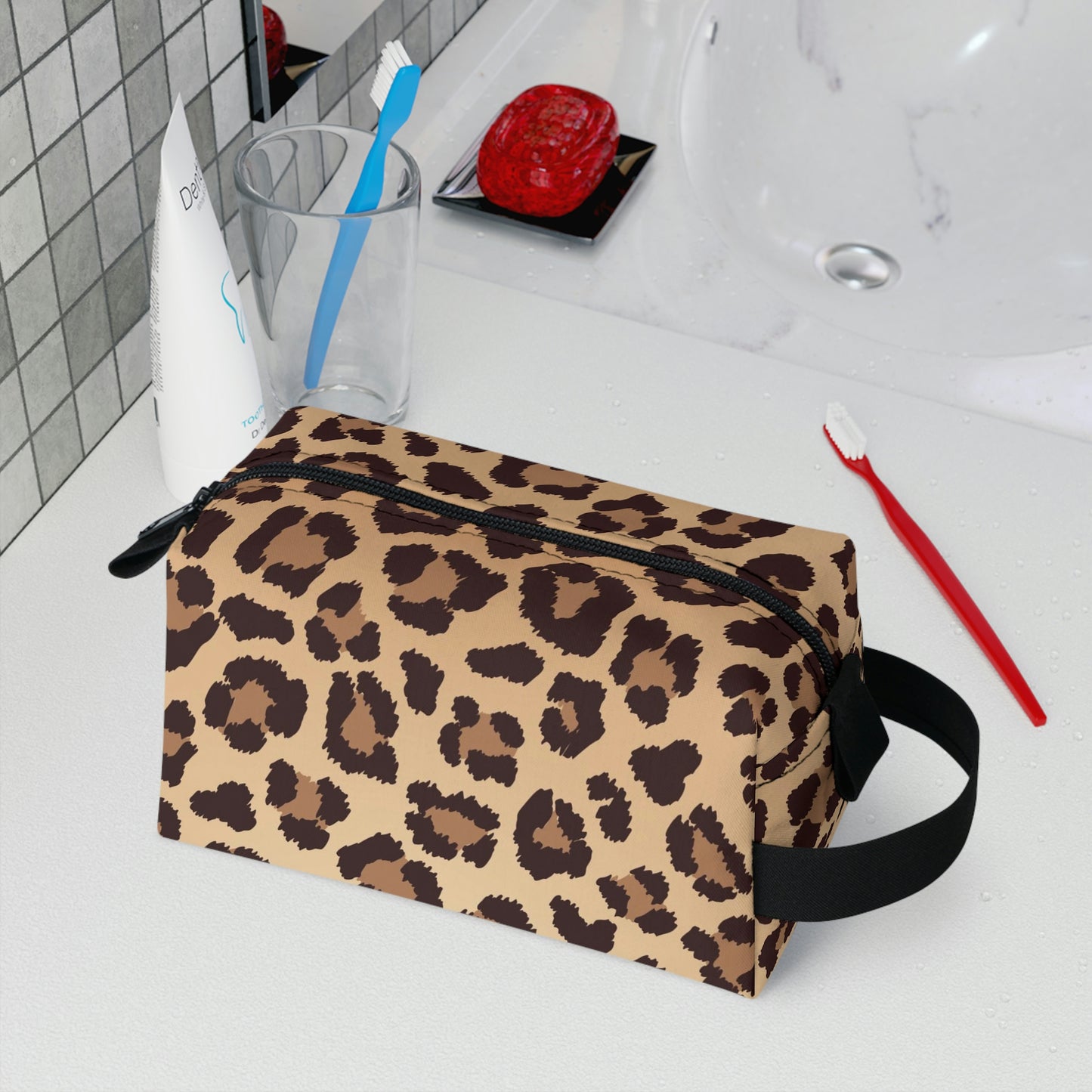Leopard Toiletry Bag, Animal Print Travel Wash Women Men Hanging Zipper Cosmetic Large Canvas Fabric Kit Bag with Handle