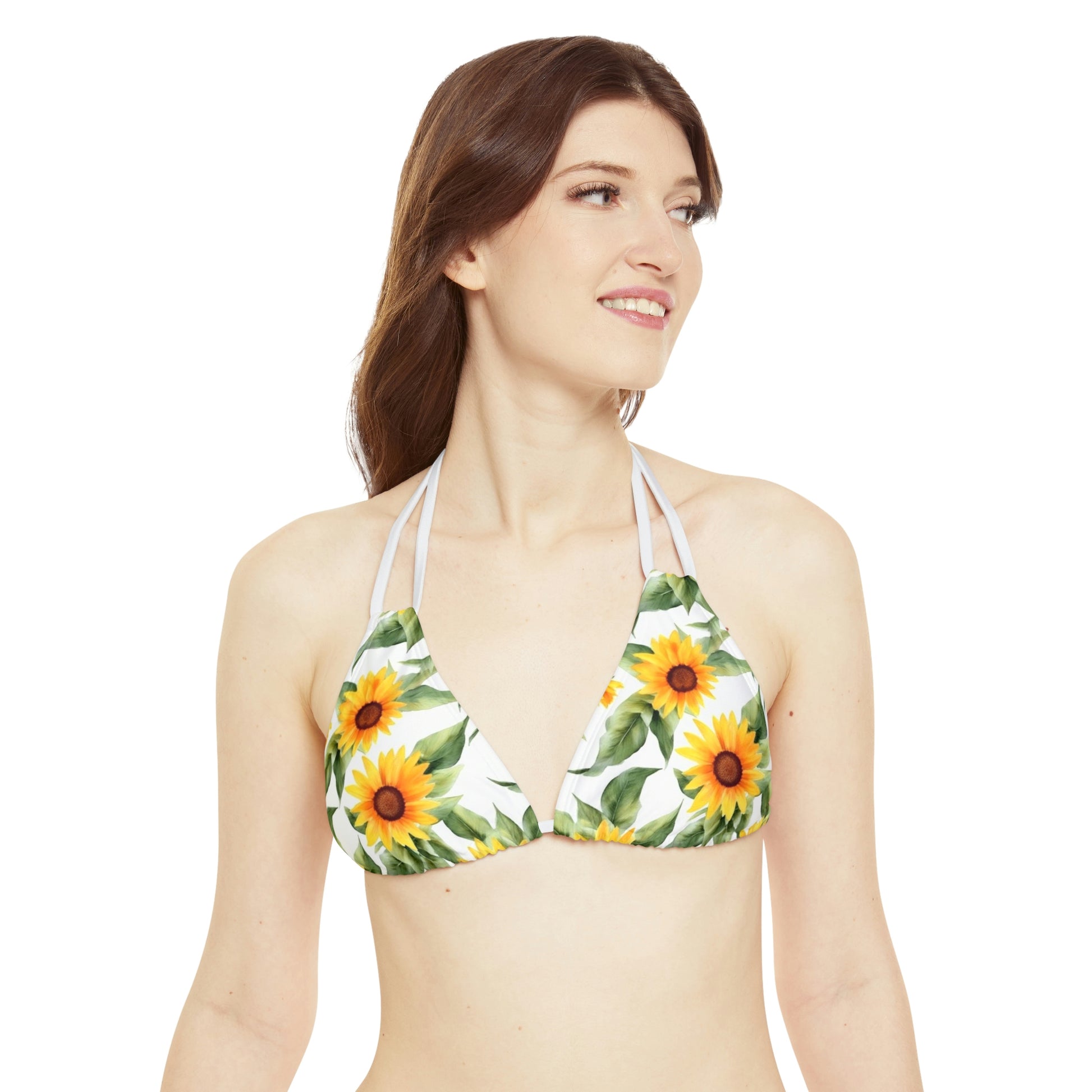 Sunflower Bikini Set, Yellow Flowers Floral White Cute High Waisted Cheeky Bottom String Triangle Sexy Swimsuits Women Swimwear Starcove Fashion