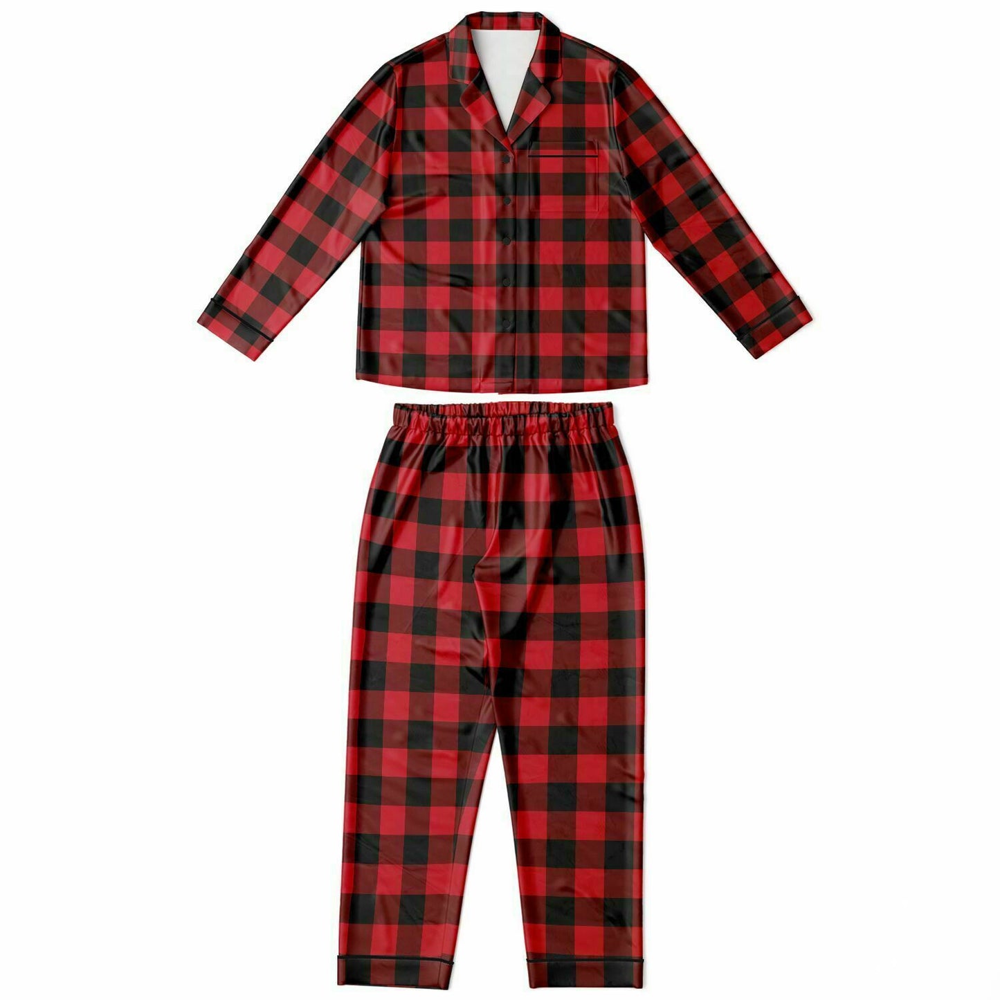 Buffalo Plaid Satin Women Pajama Set, Red Black Check Christmas Long Sleeve Pants Shirt Top Soft Designer PJs Starcove Fashion