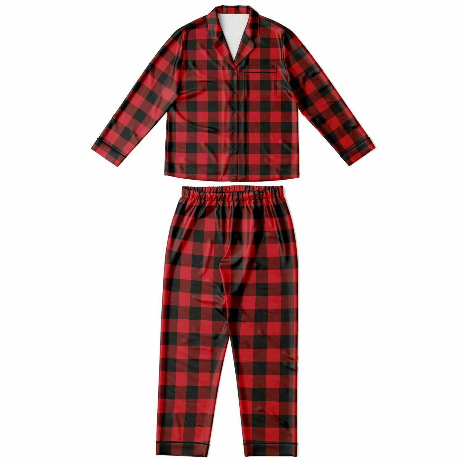 Buffalo Plaid Satin Women Pajama Set, Red Black Check Christmas Long S