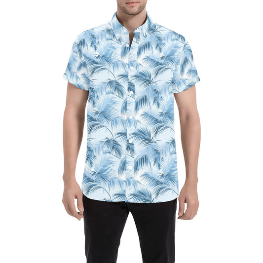 Palm Tree Leaves Short Sleeve Men Button Up Shirt, Blue Tropical Hawaiian Print Casual Buttoned Down Summer Dress Collared Shirt