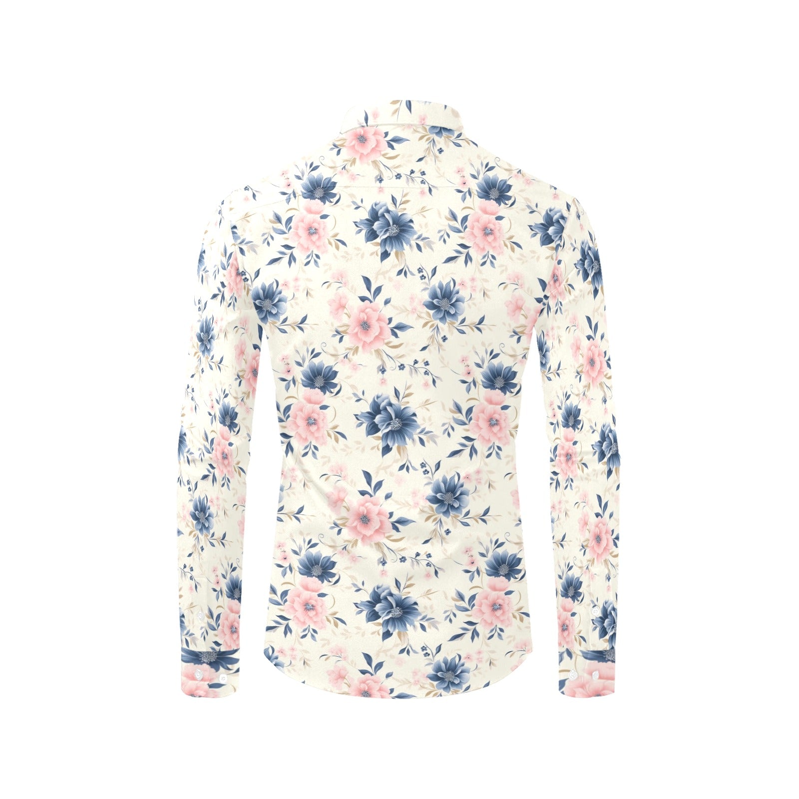 Pink Blue Floral Long Sleeve Men Button Up Shirt, White Flowers Print White Casual Buttoned Collared Designer Dress Shirt with Chest Pocket Starcove Fashion