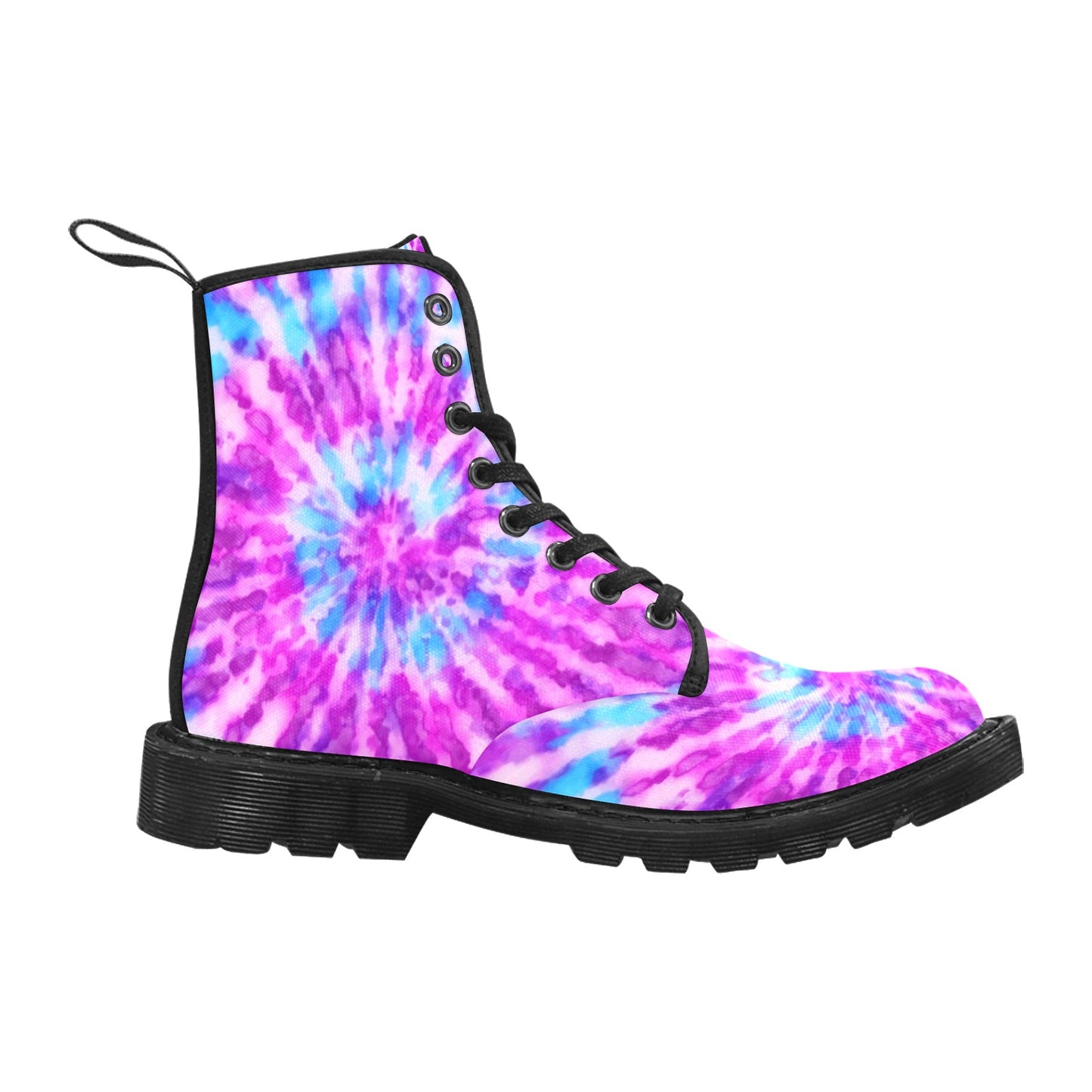 Purple Tie Dye Women's Boots, Pink Blue Party Festival Vegan Canvas Lace Up Ladies Shoes Print Army Ankle Combat Winter Custom Gift