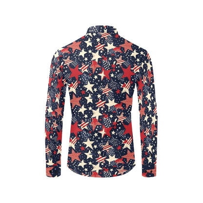 American Stars Long Sleeve Men Button Up Shirt, Patriotic USA Flag Red White Blue Print Buttoned Collar Casual Dress Shirt with Chest Pocket Starcove Fashion