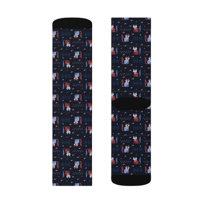 Navy Fox Socks, Blue Animal Pattern 3D Sublimation Women Men Funny Fun Novelty Cool Funky Crazy Casual Cute Crew Unique Gift Starcove Fashion