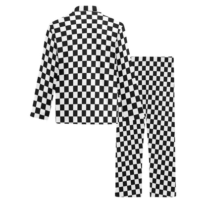 Checkered Men Pajama Set, Black White Check Guys Male 2 Piece Pants Print Long sleeve Top PJ Holiday Cozy Sleep Sleepwear
