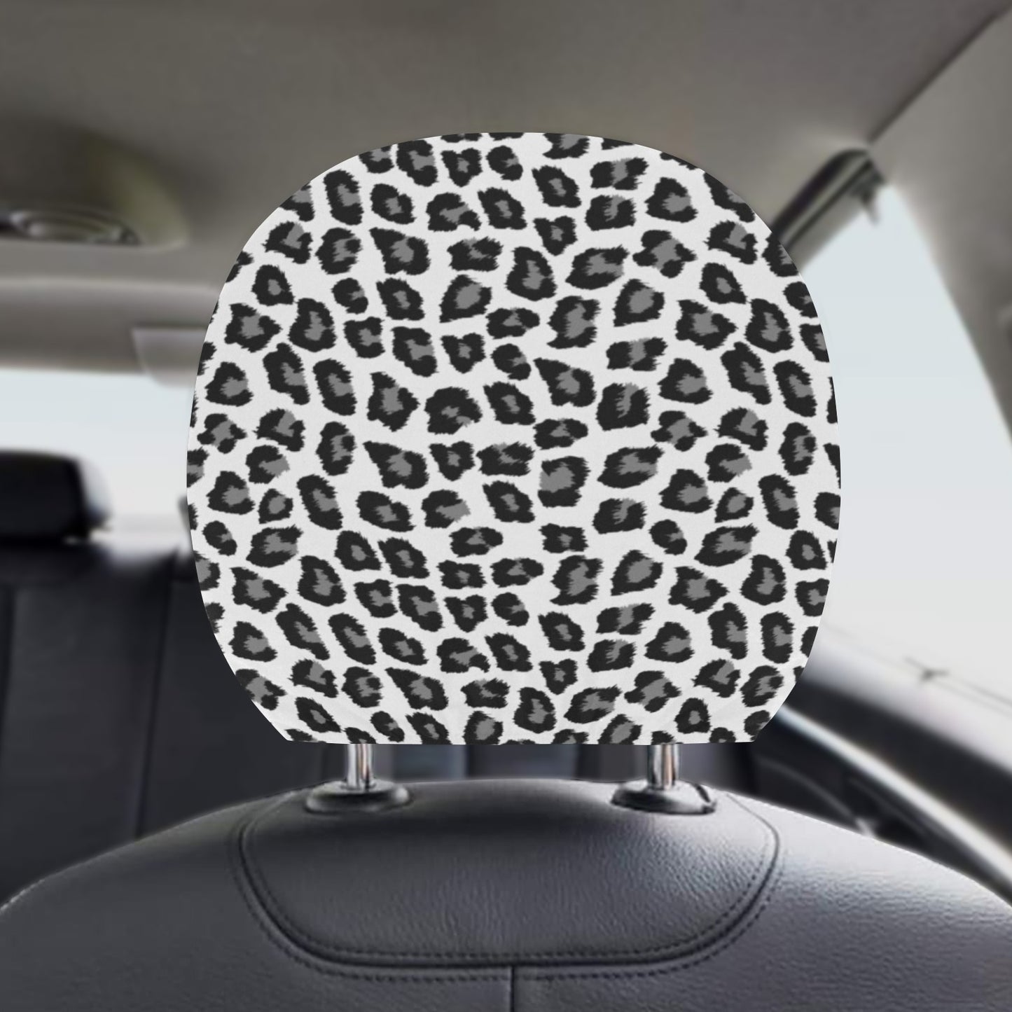 Snow Leopard Car Seat Headrest Cover (2pcs), Animal Print Black White Truck Suv Van Vehicle Auto Decoration Protector New Car Gift