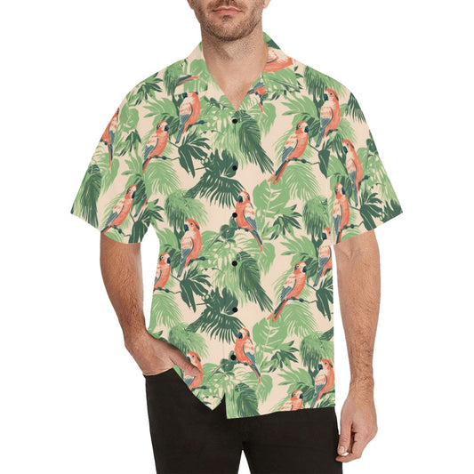Parrot Men Hawaiian shirt, Green Pink Floral Floral Print Vintage Retro Summer Hawaii Aloha Beach Plus Size Cool Leaves Button Down Shirt