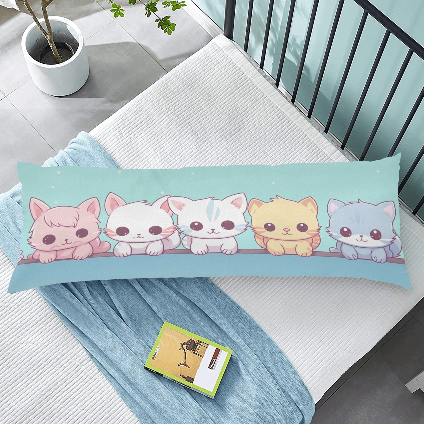 Cats Body Pillow Case, Cute Anime Kawaii Kittens Long Full Large Bed Accent Print Throw Decor Decorative Cover 20x54 Satin