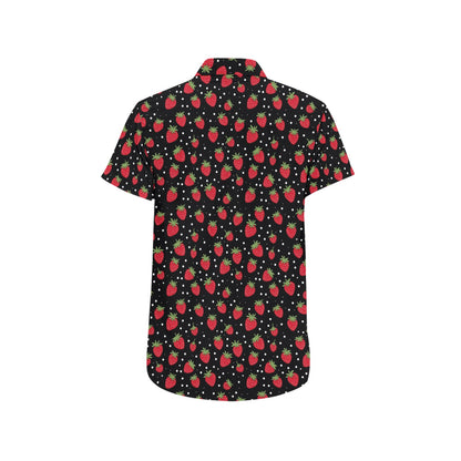 Strawberry Print Men Button Down Shirt, Short Sleeve Up Red Fruit Black Casual Buttoned Down Guys Summer Dress Shirt Plus Size Collared Starcove Fashion